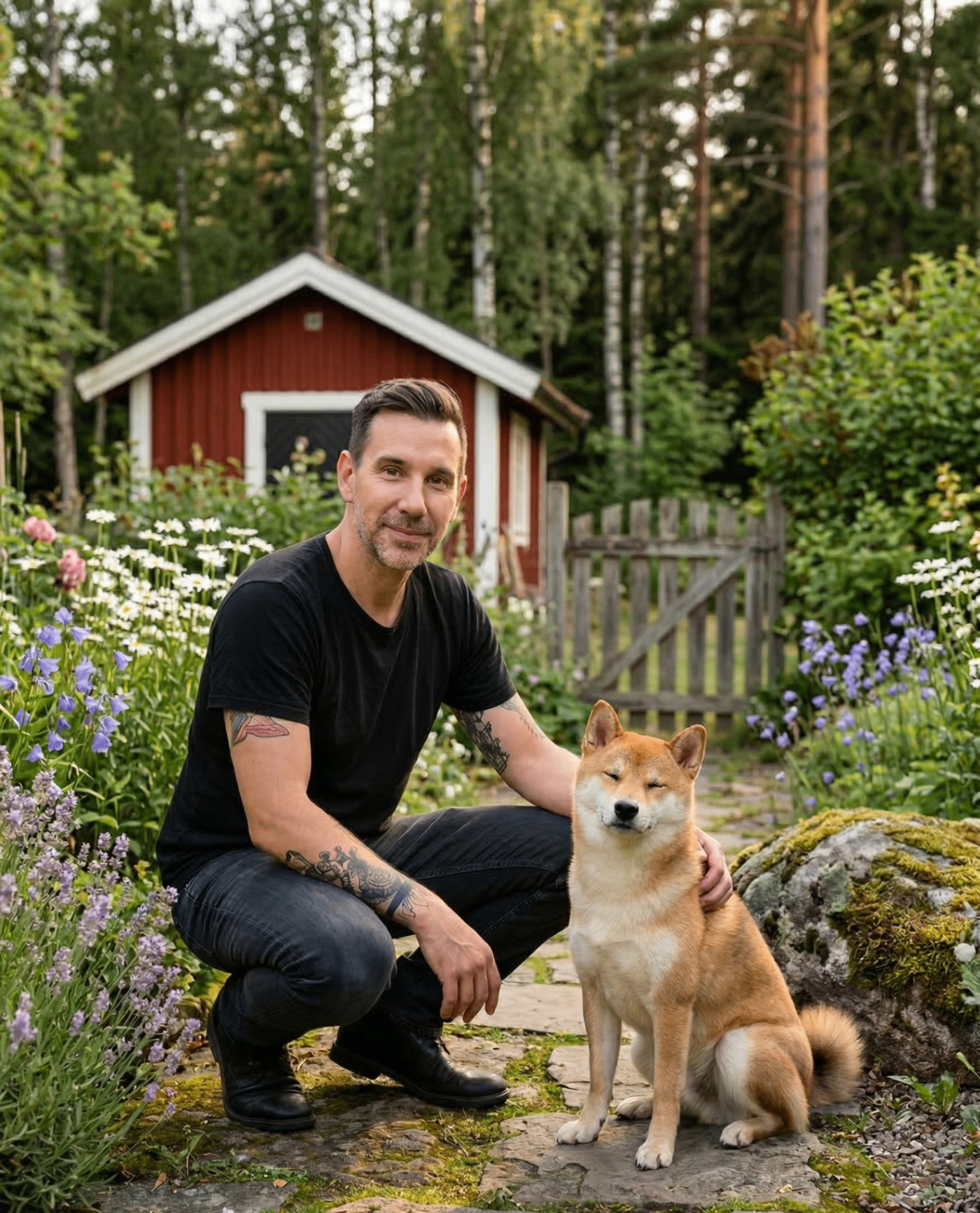 en anställd trädgårdsmästare eller liknande med en shiba inu-hund